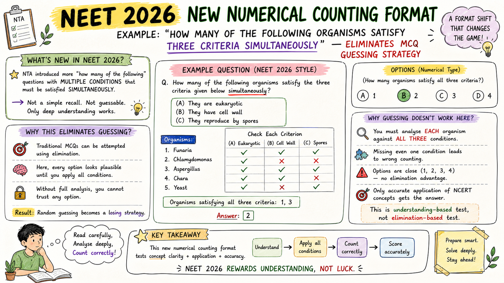 NEET 2026 new numerical counting format example — how many of the following organisms satisfy three criteria simultaneously — eliminates MCQ guessing strategy