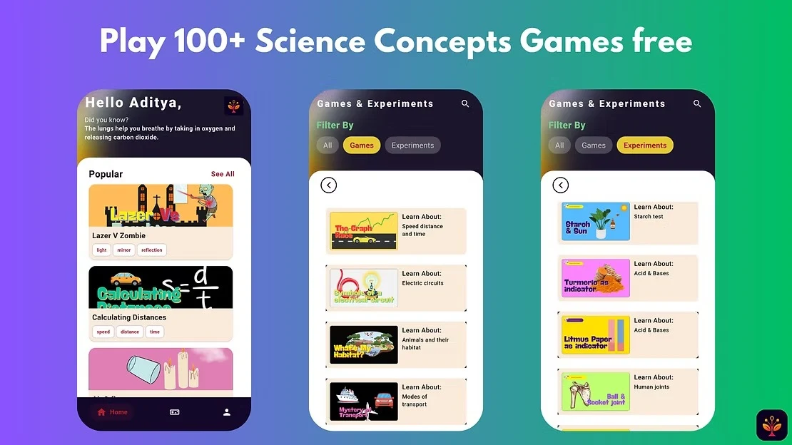 Three phone mockups showing games and experiments in app